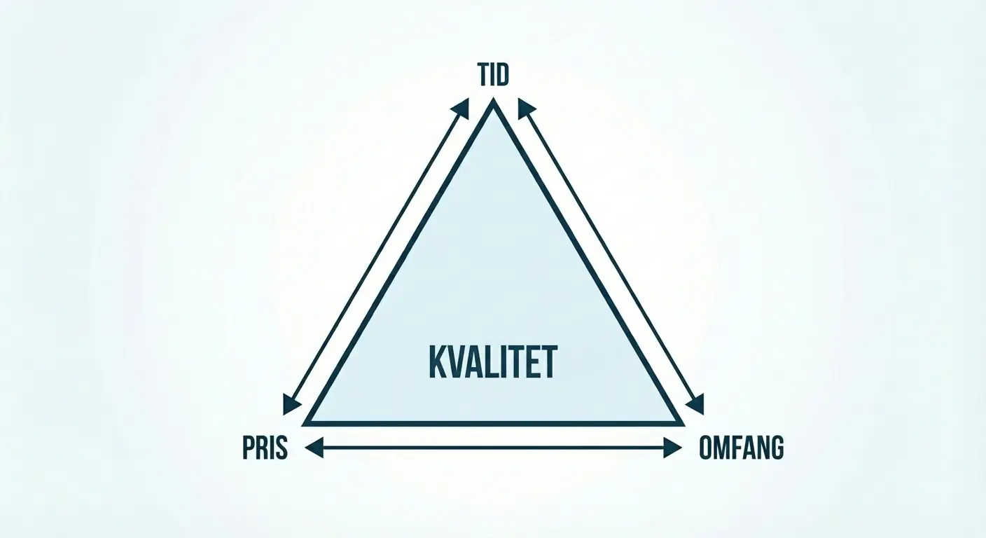 Illustration af projekttrekanten med tid, pris og omfang.